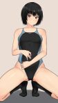  1girl absurdres amagami black_eyes black_hair black_legwear black_swimsuit bob_cut breasts competition_swimsuit grey_background highres kneehighs look-alike nanasaki_ai one-piece_swimsuit short_hair simple_background small_breasts solo spread_legs squatting swimsuit two-tone_swimsuit ykh1028 