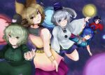  5girls absurdres artist_request blue_eyes blue_hair brown_hair dress earmuffs full_moon ghost_tail green_dress green_eyes green_hair hair_between_eyes hair_ornament hair_rings hair_stick hat highres japanese_clothes kaku_seiga long_hair long_sleeves miyako_yoshika mononobe_no_futo moon multiple_girls ofuda open_mouth outstretched_arms pointy_hair pom_pom_(clothes) ponytail puffy_sleeves ritual_baton short_hair silver_hair skirt sleeveless soga_no_tojiko tate_eboshi ten_desires touhou toyosatomimi_no_miko vest wide_sleeves 