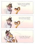  2022 3_panel_comic anthro black_text brown_body brown_fur canid canine canis clothing comic comic_panel dreamworks duo embrace excited eye_contact eyebrows fangs feral fur gradient_background happy hi_res hug komoriisan looking_at_another male male/male mammal mr._snake_(the_bad_guys) mr._wolf_(the_bad_guys) open_mouth reptile scale_(disambiguation) scalie shaking shivering simple_background smile smirk snake snake_tongue suit teeth text the_bad_guys thick_eyebrows topwear white_suit wolf yellow_eyes 