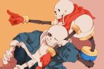  2boys highres jacket looking_ahead multiple_boys on_lap one_eye_closed papyrus_(undertale) pointing sans scarf sitting skeleton smile socks temions undertale 