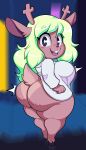  2022 absurd_res anthro antlers big_breasts big_butt bottomless breasts buckteeth butt capreoline cervid clothed clothing deltarune dongitos eyebrow_through_hair eyebrows female hair hi_res hooves horn long_hair looking_at_viewer looking_back looking_back_at_viewer mammal noelle_holiday open_mouth open_smile reindeer short_stack smile solo teeth thick_thighs translucent translucent_hair undertale_(series) video_games 