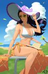  1girl absurdres armpit_crease artist_logo beach bikini bikini_top_only black_hair blue_sky book bow breasts cleavage closed_mouth cloud collarbone day dress extra_arms eyewear_on_head glasses grass halterneck hand_on_table hat hat_bow highres holding holding_book holding_clothes holding_hat horizon large_bow large_breasts large_hat long_hair looking_away looking_to_the_side midriff multi-strapped_bikini navel nico_robin ocean one_piece open_book orange_skirt outdoors palm_leaf palm_tree pink_ebi pinup_(style) plant purple_bow purple_headwear sand scenery shaded_face shiny shiny_hair side-tie_bikini side-tie_skirt sideboob signature sitting sitting_on_table skirt sky smile solo sunglasses swimsuit table thighs tinted_eyewear tree two-tone_headwear water white_bikini white_headwear 