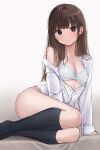  1girl akipeko ass bare_shoulders blush breasts brown_eyes brown_hair character_request collarbone copyright_request highres leaning leaning_to_the_side looking_at_viewer medium_hair open_clothes open_shirt shirt small_breasts socks straight_hair thighs 
