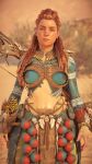  aloy_(horizon) bodypaint breasts game_console glitch highres horizon_forbidden_west horizon_zero_dawn navel nipples non-web_source playstation_4 red_hair tribal 