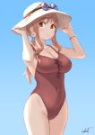  1girl blue_background blush breasts brown_eyes brown_hair check_commentary cleavage commentary_request earrings eyebrows hat highres jewelry long_hair looking_at_viewer matsumoto_yoriko one-piece_swimsuit ponytail simple_background solo sun_hat sunglasses swimsuit umiroku yuyushiki 