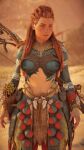  aloy_(horizon) bodypaint breasts game_console glitch highres horizon_forbidden_west horizon_zero_dawn navel nipples non-web_source playstation_4 red_hair tribal 