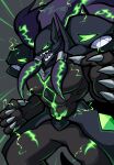  1boy armor average-hanzo black_armor black_background black_hair black_theme blazblue claws full_armor green_eyes hair_tubes male_focus sharp_teeth simple_background solo susanoo_(blazblue) teeth 