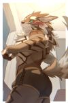  anthro birry41 black_sclera blush bulge butt canid canine canis clothing embarrassed fur green_eyes hi_res jackal laced_underwear lifewonders looking_back male mammal pawpads seth_(tas) solo striped_body striped_fur stripes tokyo_afterschool_summoners underwear video_games 
