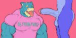  abstract_background anthro balls bodily_fluids clothing cum cum_on_face cum_string dragon duo ear_piercing ear_ring english_text genital_fluids genitals half-erect male male/male muscular muscular_male nude one_eye_closed open_mouth penis piercing pink_background pink_clothing pink_shirt pink_topwear shirt simple_background t-shirt text tongue tongue_out tongue_piercing topwear tylerstark unknown_species 