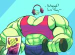  2021 abs biceps big_muscles big_pecs blue_background bottomwear clothed clothing colored denim denim_clothing dialogue digital_drawing_(artwork) digital_media_(artwork) dj_bitz_(unusualboo54) dumbbell electricity electricity_creature elemental_creature english_text exercise green_body green_eyes green_skin headphones hi_res humanoid jeans lifting_weight looking_at_viewer male muscular muscular_male not_furry one_eye_closed pants pecs photo pink_clothing shaded shirt simple_background solo tank_top text topwear unusualboo54 weights 