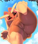  2022 4_fingers anthro anus areola breasts cloud colored digital_media_(artwork) female fingers genitals hi_res long_ears lopunny low-angle_view mammal nintendo nipples outside pok&eacute;mon pok&eacute;mon_(species) pussy red_eyes solo text thousandfoldfeathers url video_games worm&#039;s-eye_view 
