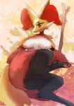  2022 big_breasts black_body black_fur breasts bronyant canid canine delphox eyelashes featureless_breasts featureless_crotch female fox fur hi_res inner_ear_fluff looking_at_viewer lying mammal nintendo pawpads pok&eacute;mon pok&eacute;mon_(species) red_body red_eyes red_fur smile solo stick thick_thighs tuft video_games white_body white_fur yellow_body yellow_fur 