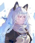  1girl animal_ear_fluff animal_ears arknights bangs black_capelet braid capelet closed_mouth dress eyebrows_visible_through_hair hair_between_eyes highres jewelry kanalia leopard_ears long_hair necklace pramanix_(arknights) purple_eyes silver_hair simple_background smile solo turtleneck_dress twin_braids upper_body white_background white_dress 