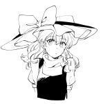  1girl bangs black_headwear black_vest bow braid cropped_torso hair_bow hat hat_bow kirisame_marisa long_hair looking_at_viewer monochrome natsume_(menthol) shirt simple_background single_braid solo touhou upper_body vest white_background white_shirt witch_hat 