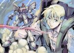  1boy blonde_hair blue_eyes commentary dual_wielding dust_cloud gundam gundam_sandrock_custom gundam_wing gundam_wing_endless_waltz highres holding holding_sword holding_weapon kare_(0621utak) male_focus mecha mobile_suit open_mouth quatre_raberba_winner science_fiction smile standing sword v-fin weapon 