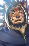  1boy animal_ears barong_(housamo) close-up colored_sclera commentary_request ear_piercing face facial_mark fangs fangs_out forehead_mark furry furry_male gold_trim highres lion_boy lion_ears long_hair male_focus nose_piercing nose_ring piercing ramusyutarou smile snout solo spiked_hair tokyo_afterschool_summoners upper_body white_background yellow_sclera 