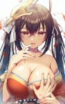  1girl :d ahoge assertive_female azur_lane bangs bare_shoulders black_hair blush breast_grab breasts cleavage collarbone commander_(azur_lane) commentary_request crossed_bangs daken-chan deep_skin eyebrows_visible_through_hair finger_to_mouth grabbing groping guided_breast_grab hair_between_eyes hair_ornament hair_ribbon hand_up highres holding_another&#039;s_wrist japanese_clothes kimono large_breasts long_hair looking_at_viewer mask mask_on_head obi off-shoulder_kimono open_mouth partial_commentary pov pov_hands red_eyes red_kimono ribbon sash sidelocks simple_background smile solo_focus standing sweat taihou_(azur_lane) twitter_username upper_body very_long_hair white_background 