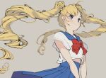  1girl asymmetrical_bangs bangs bishoujo_senshi_sailor_moon blonde_hair blue_eyes blue_skirt blush bow bowtie closed_mouth double_bun eyebrows_visible_through_hair grey_background highres long_hair looking_to_the_side nachoz_(nachozart) red_bow red_bowtie sailor_collar school_uniform shirt short_sleeves simple_background skirt smile solo standing symbol-only_commentary tsukino_usagi twintails white_shirt 