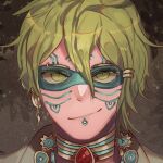  1boy alternate_costume amami_rantarou bangs brown_background closed_mouth danganronpa_(series) danganronpa_v3:_killing_harmony earrings facial_mark gouboot green_eyes green_hair hair_between_eyes hair_ornament jewelry looking_at_viewer messy_hair multicolored_background shiny shiny_hair short_hair smile solo 