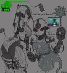  2021 apron apron_only assaultron_(fallout) bethesda_softworks breasts butt clothing dialogue english_text fallout female hi_res humanoid machine mostly_nude not_furry red_eyes robot robot_humanoid signature text video_games waa153 