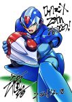  1boy android arm_cannon blue_armor commentary dated full_body green_eyes helmet lower_teeth male_focus mega_man_(series) mega_man_x_(character) mega_man_x_(series) one_knee open_mouth robot shadow shiny_armor signature simple_background solo squatting teeth weapon werou white_background 