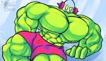  2021 abs biceps big_muscles big_pecs bottomwear clothing colored digital_drawing_(artwork) digital_media_(artwork) dj_bitz_(unusualboo54) electricity electricity_creature elemental_creature english_text green_body green_eyes green_skin headphones hi_res humanoid lying male muscular muscular_male not_furry pecs pink_bottomwear pink_clothing pink_shorts pose shaded shorts signature simple_background solo text unusualboo54 