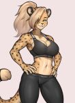  absurd_res anthro athletic athletic_anthro belly big_breasts blonde_hair bottomwear bra breasts cheetah cleavage clothed clothed_female clothing felid feline female fur hair hands_on_hips hi_res long_hair looking_at_viewer mammal midriff navel pants ponytail purple_eyes rd-rn00 smile solo sports_bra spots spotted_body spotted_fur standing thigh_gap underwear wide_hips yellow_body yellow_fur yoga_pants 
