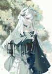 1girl animal_ear_fluff animal_ears arknights ayan bag bangs black_dress closed_mouth collarbone cowboy_shot dress expressionless flower frilled_dress frills gas_mask hair_flower hair_ornament hairband heavyrain_(arknights) heavyrain_(tranquil_moss)_(arknights) highres horse_ears layered_dress leaf long_hair long_sleeves looking_at_viewer mask mask_removed official_alternate_costume purple_eyes rose see-through shoulder_bag silver_hair solo striped striped_hairband tree very_long_hair white_flower white_rose 
