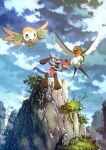  2018 ambiguous_gender apple beak cloud day detailed_background feathered_wings feathers flying group hi_res karamimame leaf nintendo open_mouth open_smile pok&eacute;mon pok&eacute;mon_(species) red_eyes riolu rock rowlet sitting sky smile taillow trio video_games wings 