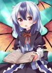  1girl blush book dress eyebrows_visible_through_hair head_wings highres holding holding_book horns long_sleeves multicolored_hair open_book open_mouth puffy_sleeves red_eyes red_wings ruu_(tksymkw) silver_hair single_head_wing sitting solo tokiko_(touhou) touhou two-tone_hair wings 