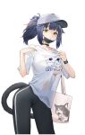  1girl :o absurdres alternate_costume animal_ear_fluff animal_ears arknights bag bangs baseball_cap black_choker blue_hair blunt_bangs breasts cat_ears cat_girl cat_tail choker clothes_writing collarbone contrapposto cowboy_shot cropped_legs doodle_punch eyebrows_visible_through_hair fanning_self green_eyes hat heavy_breathing highres hot jessica_(arknights) looking_at_viewer mask mask_pull medium_breasts mouth_mask multicolored_hair no_bra pants parted_lips red_hair see-through shirt short_hair short_ponytail short_sleeves shoulder_bag sidelocks solo sweat sweatband tail tail_through_clothes two-tone_hair underboob wet wet_clothes wet_shirt white_headwear white_shirt yoga_pants 