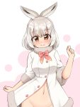  1girl absurdres animal_ears bangs bow bowtie brown_eyes coat commentary_request eyebrows_visible_through_hair fur-trimmed_sleeves fur_collar fur_trim grey_hair groin hair_between_eyes highres kemono_friends medium_hair mountain_hare_(kemono_friends) navel open_clothes open_coat out-of-frame_censoring partially_unbuttoned pink_bow pink_bowtie rabbit_ears shiraha_maru simple_background smile solo white_background 
