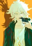  1boy bangs bong_(0u0bon) breast_pocket collarbone danganronpa_(series) danganronpa_2:_goodbye_despair eyebrows_visible_through_hair green_jacket gun gun_in_mouth hair_between_eyes handgun highres holding holding_gun holding_weapon hood hood_down jacket komaeda_nagito looking_at_viewer male_focus nanami_chiaki open_clothes open_jacket orange_background pistol pocket print_shirt shirt solo upper_body weapon white_shirt yellow_eyes 