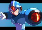  1boy absurdres android arm_cannon blue_armor chinese_commentary clenched_teeth green_eyes hand_up helmet highres looking_at_viewer male_focus mega_man_(series) mega_man_x_(character) mega_man_x_(series) open_mouth robot serious shadow solo teeth two-tone_background upper_body weapon ylong 