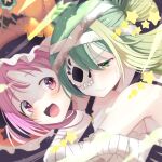  2girls :3 alina_gray blush eyepatch green_eyes green_hair hat highres hug hug_from_behind kanechitomoyo looking_at_another magia_record:_mahou_shoujo_madoka_magica_gaiden mahou_shoujo_madoka_magica misono_karin multiple_girls one_eye_covered pink_eyes pink_hair smile star_(symbol) yuri 