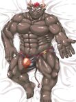  abs anthro bed bedding bedding_background biceps black_body black_fur bovid bovine bulge clothing exe_exem fur furniture gyumao hair horn lifewonders looking_at_viewer lying male mammal muscular muscular_anthro muscular_arms muscular_male navel on_back pecs red_hair solo thong tokyo_afterschool_summoners underwear video_games 