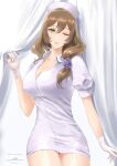  1girl asymmetrical_hair blush breasts brown_hair cleavage collarbone commission dress filha garter_straps genshin_impact gloves green_eyes hair_ornament hat highres large_breasts lisa_(genshin_impact) long_hair looking_at_viewer nurse nurse_cap one_eye_closed parted_lips skeb_commission solo white_dress white_gloves 