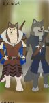  anthro armello armor bow_(weapon) canid canine canis clothed clothing duo female fur hand_holding hi_res invalid_tag male male/female mammal melee_weapon ranged_weapon river_(armello) rizfaja smile sword thane_(armello) video_games weapon wolf 