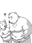  2022 anthro belly big_belly bottomwear canid canine clothing duo humanoid_hands kemono male mammal moobs nipples overweight overweight_male pants pommn_mn question_mark shirt simple_background topwear underwear ursid white_background 