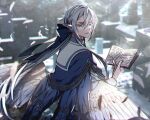  1boy blue_bow blue_eyes blurry blurry_background book bow day feathered_wings grey_hair hair_between_eyes holding holding_book long_hair moe_(hamhamham) outdoors pointy_ears school_uniform serafuku solo white_wings wings 