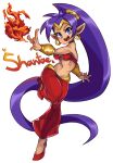  2019 5_fingers absurd_res blue_eyes breasts clothing english_text female fingers fire footwear genie hair hi_res humanoid humanoid_pointy_ears long_hair not_furry open_mouth open_smile purple_hair shantae shantae_(series) simple_background smile solo tan_body tan_skin text video_games waa153 wayforward white_background 