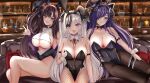  3girls absurdres alternate_costume animal_ears august_von_parseval_(azur_lane) azur_lane bar black_hair black_horns black_legwear black_leotard breasts brown_hair clothing_cutout couch curled_horns detached_collar elbe_(azur_lane) eyebrows_visible_through_hair fake_animal_ears fang fishnet_legwear fishnets glass_bottle hair_between_eyes hair_over_one_eye highres horns large_breasts leotard long_hair looking_at_viewer mechanical_horns multicolored_hair multiple_girls open_mouth pamiat_merkuria_(azur_lane) pantyhose playboy_bunny purple_eyes purple_hair rabbit_ears rei_tuki sitting strapless strapless_leotard streaked_hair two-tone_hair underboob underboob_cutout v white_hair wrist_cuffs 