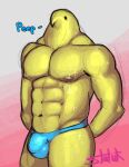  abs anthro athletic athletic_anthro athletic_male avian big_muscles big_neck big_pecs bird bulge candy clothed clothing dessert erect_nipples food hi_res male muscular nipples pecs peep peeps pinup pose solo speech_bubble statiik_(artist) underwear underwear_only 