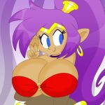  1:1 2022 3barts absurd_res big_breasts blue_eyes breasts cleavage clothed clothing curvy_figure digital_media_(artwork) ear_piercing ear_ring eyelashes female fingers genie gesture hair hi_res hourglass_figure huge_breasts humanoid humanoid_pointy_ears long_hair looking_aside not_furry piercing ponytail purple_hair shantae shantae_(series) simple_background smile solo standing tan_body tan_skin topwear tube_top v_sign video_games voluptuous wayforward wide_hips 