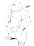  2022 anthro belly big_belly bottomwear clothing kemono male mammal necktie overweight overweight_male pants shirt sketch smoking solo topwear toshi_(artist) ursid 