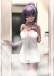  1girl bangs bare_arms bare_shoulders bathroom black_hair blue_archive blush breasts c.u.wa cleavage closed_mouth collarbone commentary_request cowboy_shot dark_skin eyebrows_visible_through_hair hair_bun hand_on_own_chest hand_up highres karin_(blue_archive) large_breasts naked_towel paid_reward_available purple_hair solo standing steam towel wet yellow_eyes 