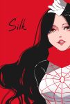  1girl 417_ichi_ku bangs black_hair breasts brown_eyes character_name chinese_commentary cindy_moon gloves highres long_hair marvel medium_breasts parted_bangs parted_lips portrait red_background silk_(marvel) smile solo spider-man_(series) spider_web_print superhero white_gloves 