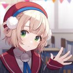  1girl artist_name bangs beret green_eyes hair_ornament hat highres indie_virtual_youtuber jacket light_brown_hair looking_to_the_side pom_pom_(clothes) pom_pom_hair_ornament red_headwear red_sailor_collar sailor_collar shigure_ui shigure_ui_(vtuber) skirt solo striped striped_jacket striped_skirt vertical-striped_jacket vertical-striped_skirt vertical_stripes virtual_youtuber 