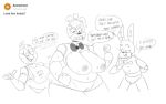  angry animatronic anthro avian beak bib big_breasts bird black_bow_tie bodily_fluids bonnie_(fnaf) bow_tie breasts chica_(fnaf) chicken clenched_teeth clothing cross-popping_vein crossgender dialogue doll_joints english_text eyelashes eyes_closed featureless_crotch female fist five_nights_at_freddy&#039;s freddy_(fnaf) galliform gallus_(genus) group hand_behind_back hat head_feathers head_tuft headgear headwear holding_microphone holding_object lagomorph leporid machine male mammal mhdrawin microphone navel nervous nervous_smile nipples overweight overweight_female phasianid rabbit robot scottgames smile speech_bubble sweat sweatdrop teeth text toothed_beak top_hat trio tuft ursid video_games 