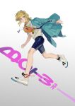  1boy 2020 :o arm_out_of_sleeve bag_charm bangs blonde_hair blue_jacket casual charm_(object) cross-laced_footwear fanny_pack from_side full_body grey_background highres jacket jewelry link long_sleeves looking_at_viewer looking_to_the_side male_focus nanjou_(sumeragimishiro) necklace pendant pocket pointy_ears ponytail running shirt shoes short_sleeves sidelocks skin_tight sneakers solo t-shirt the_legend_of_zelda the_legend_of_zelda:_breath_of_the_wild white_footwear white_shirt 